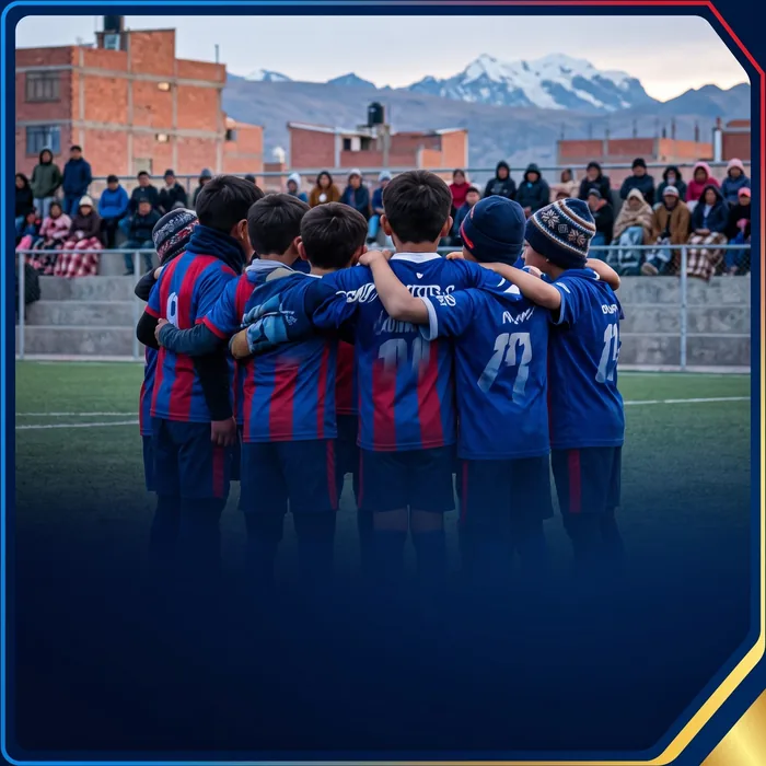 Jugadores de Nuevas Estrellas abrazados en ronda, con las montañas al fondo